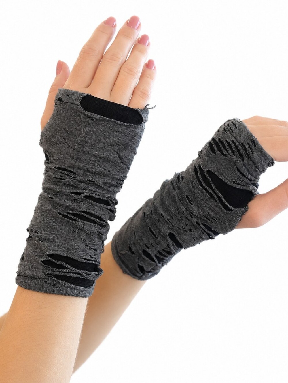 Gray Distressed Fingerless Arm Warmers Gloves Goth Grunge Punk